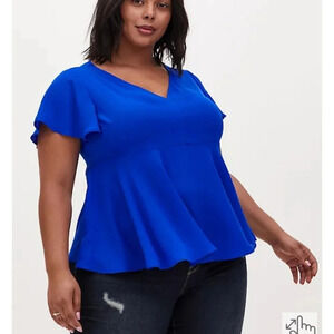 Torrid Electric Blue Georgette Blouse Size 3 Flutter Sleeve VNeck Feminine